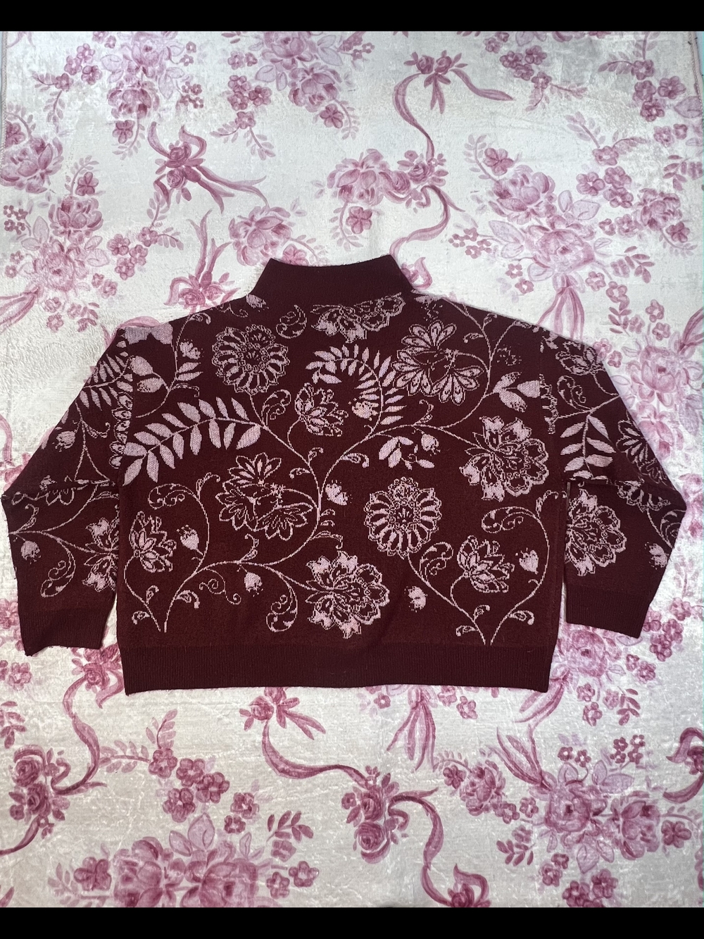 Kate & Sam Burgundy Floral Mock Neck Sweater Large Boxy Cropped Knit Pullover
